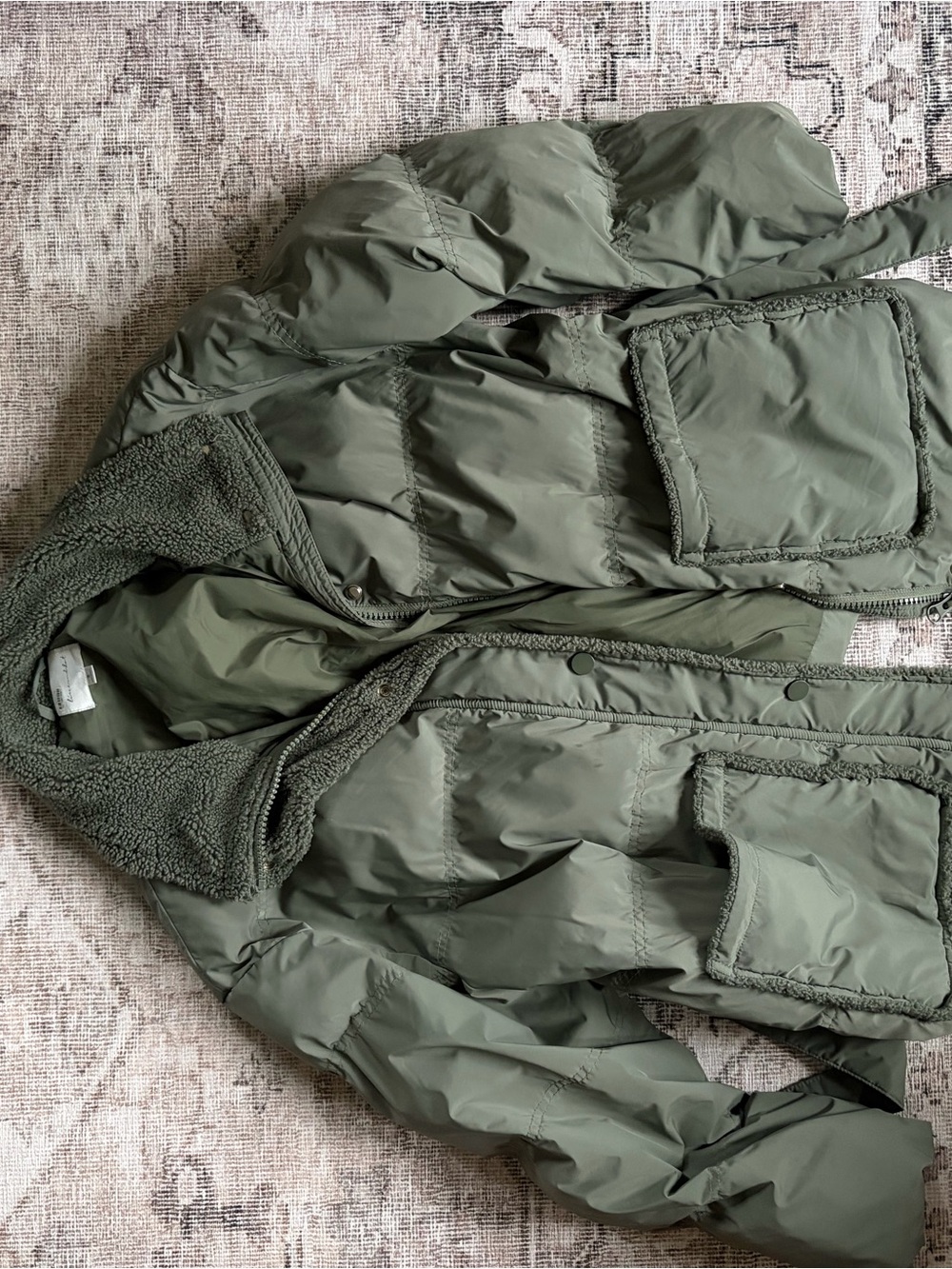 Anthropologie Olive Green Puffer Jacket with Sherpa Collar